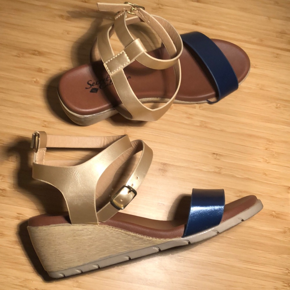 Size 6 strappy navy blue and gold sandals.